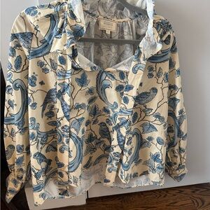 Sezane Blue & Cream Floral Bird Print Button-Up Blouse, Medium/Large